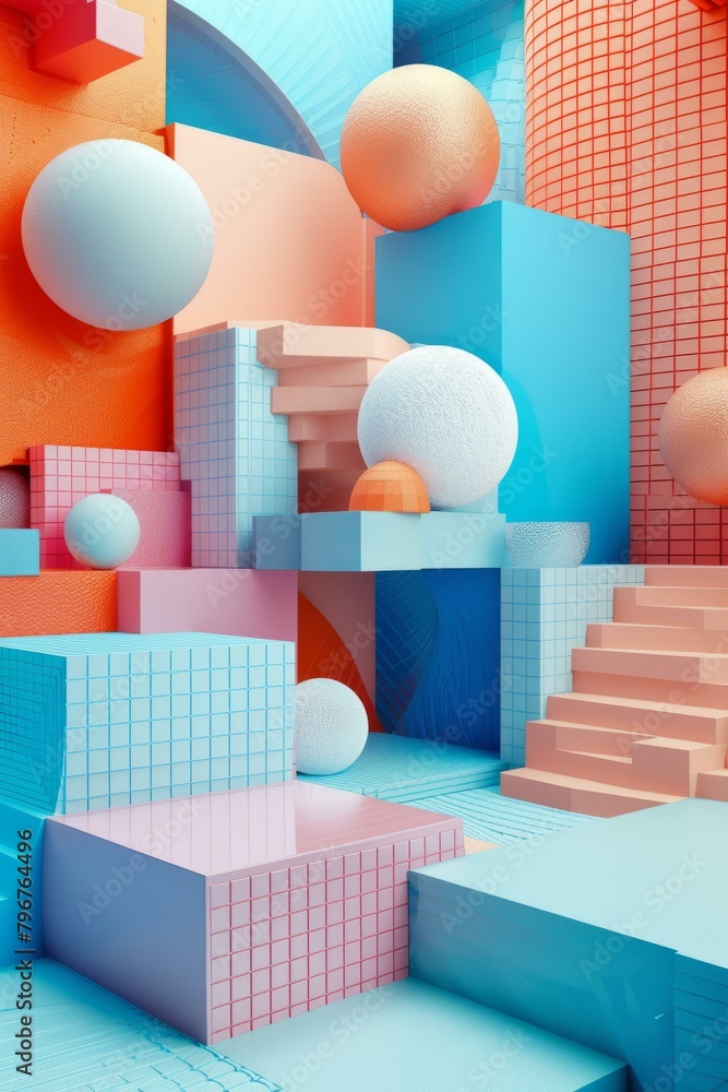 Poster b'3d rendering of geometric shapes with pastel colors'