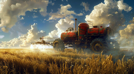 Obraz premium Vintage tractor spraying crops on a wheat field with a dynamic cloudy sky in the background