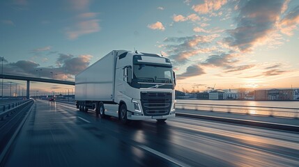modern large white trailer driving down an empty road. Logistics company. Freight transportation. Fast delivery. Mock up