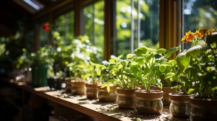 b'Indoor plants on a shelf in front of a large window'