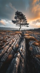 b'A lone tree stands on a rocky hilltop overlooking a valley.'