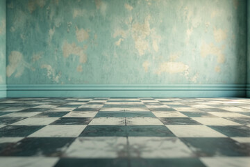 Soft light in empty room with turquoise walls and dark checkered floor