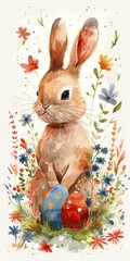 b'Cute bunny rabbit with Easter eggs in watercolor'
