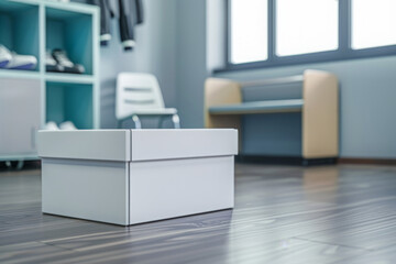 White packaging box on gym floor with equipment background
