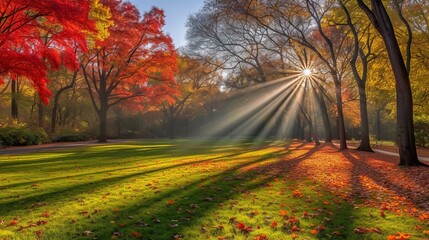 Naklejka na ściany i meble b'rays of sunlight shining through the trees in a park with red and yellow autumn leaves on the ground'