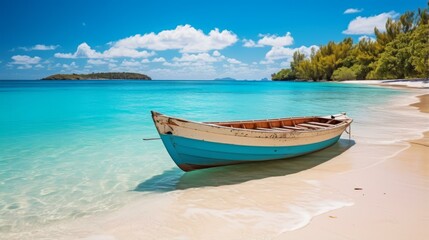 Fototapeta na wymiar b'Wooden boat on a tropical beach with white sand and crystal clear water'
