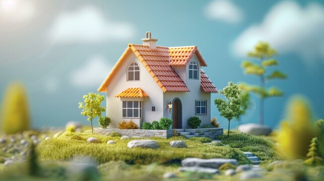 b'3D rendering of a small house with orange roof'