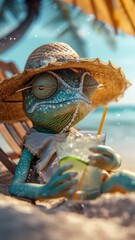 A Chameleon in human clothes lies on a sunbathe on the beach, on a sun lounger, under a bright sun umbrella