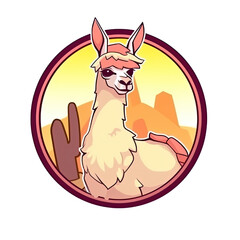 A logo of a white llama within a circle