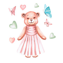 Standing little bear in a dress in a watercolor illustration with butterflies on a white background. Hand drawn teddy bear illustration for nurseries, clothing, newborns, baby shower or baby posters.