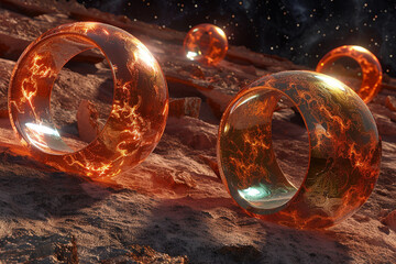 Luminescent copper and amber toruses orbit. 3D Render. - obrazy, fototapety, plakaty