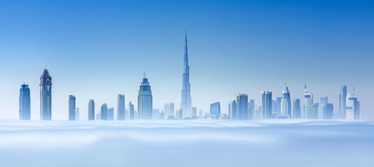 Eerie and atmospheric fog blankets modern city skyline, creating a misty urban horizon