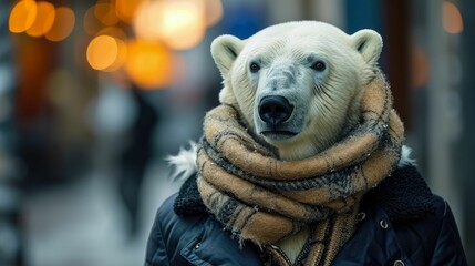 Sophisticated polar bear navigates city streets in tailored splendor, epitomizing street style.