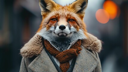 Fashionable red fox traverses city streets in tailored elegance, epitomizing street style.