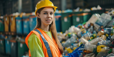 b'Portrait of a young female worker in a recycling facility'
