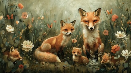 Obraz premium a portrait family of fox in a lush green forest, watercolor style, vibrant colors, soft and whimsical, peaceful and serene, mama and baby animals, with flowers and butterflies, AI Generative