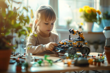 A little girl constructs a robot while sitting at a table in a her room. AI generative
