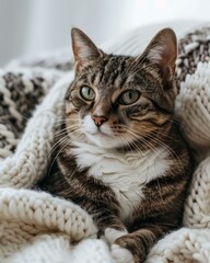 Fototapeta premium b'A cute tabby cat wrapped in a blanket'