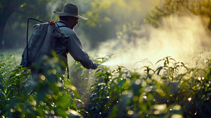Farmer using a backpack sprayer at dawn amidst crops, highlighting the essence of agricultural work