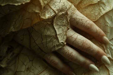b'Dried up female hand with a leaf laying on top' - obrazy, fototapety, plakaty