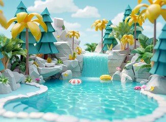 b'3D illustration of a waterfall in a tropical setting'