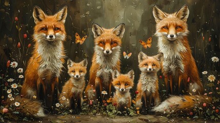 a photography family of fox in a lush green forest, watercolor style, vibrant colors, soft and whimsical, peaceful and serene, mama and baby animals, with flowers and butterflies, AI Generative