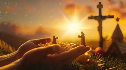 Nativity Of Jesus - Scene With The Holy Family With Comet At Sunrise Nativity hands with palm up over blurred cross Christmas concept --ar 16:9 Job ID: 7b2dc86a-c92f-4af0-be1d-0a292af68bed - obrazy, fototapety, plakaty