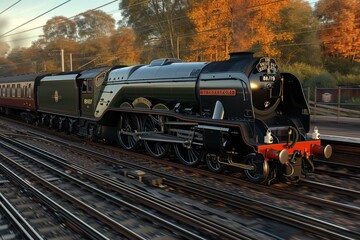 Fototapeta premium b'A steam locomotive train is running on the railway in autumn'