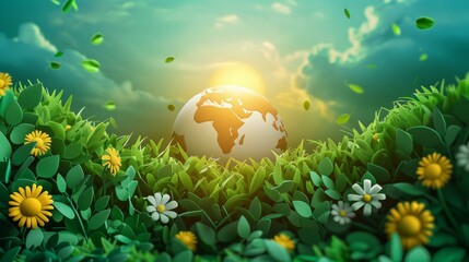 b'Green earth with growing plants and flowers under sunlight'