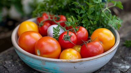 b'A bowl of fresh tomatoes and garlic with parsley on a wooden table'
