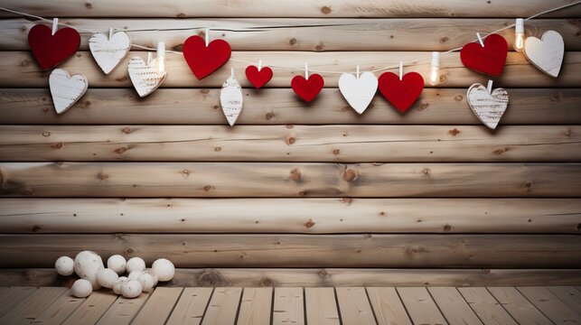 b'Red and white wooden hearts hanging on a string with a wooden background'