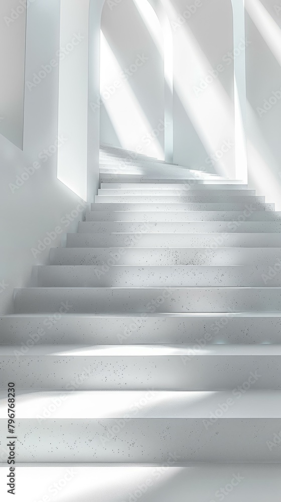 Poster b'3d rendering of a white staircase with sunlight shining through the window'