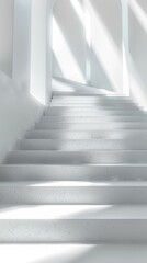 b'3D rendering of a white staircase with sunlight shining through the window'