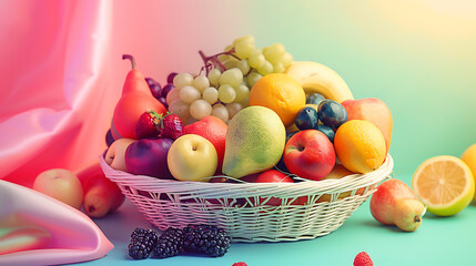Pastel Harvest A vibrant 3D-rendered image of a fruit basket filled with glossy, candy-colored bananas, grapes, apples, and strawberries, set against a soft pastel gradient background - obrazy, fototapety, plakaty