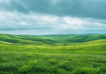 Obraz premium b'Green rolling hills under a cloudy sky'