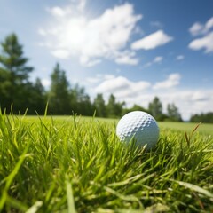 Obraz premium b'Close-up of a golf ball on the green with the fairway and trees in the background'