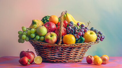 Pastel Harvest A vibrant 3D-rendered image of a fruit basket filled with glossy, candy-colored bananas, grapes, apples, and strawberries, set against a soft pastel gradient background