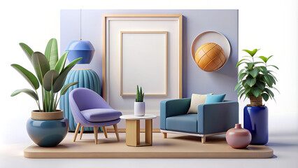 Modern living room is furnished with stylish furniture and decorative plants,presenting a cosy yet contemporary design.Neutral backdrop a blue armchair,sofa with cushions and a blank picture frame.AI - obrazy, fototapety, plakaty