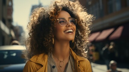 b'A young woman with curly hair is smiling.' - obrazy, fototapety, plakaty