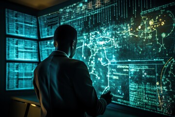 Fototapeta premium A man standing in front of a large screen with a map of the world on it