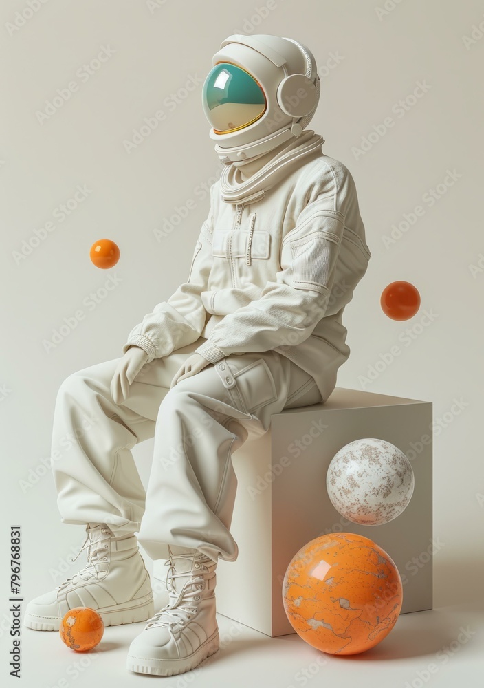 Poster b'a 3d rendering of an astronaut sitting on a cube'