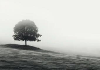 Obraz premium b'Black and white photo of a lonely tree on a hill shrouded in fog'