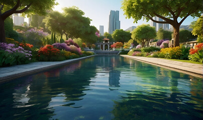 urban park area, against the background of buildings with ancient architecture