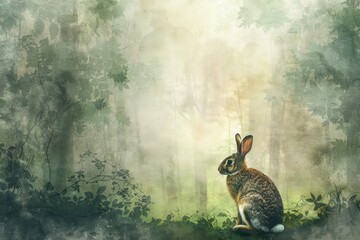 Artistic 2D rendering of a rabbit sitting quietly in a forest clearing, depicted with a watercolor effect that captures the tranquility of the woodland,