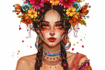 A beautiful Mexican girl with braided hair adorned with flowers, enjoying a vibrant carnival celebration.