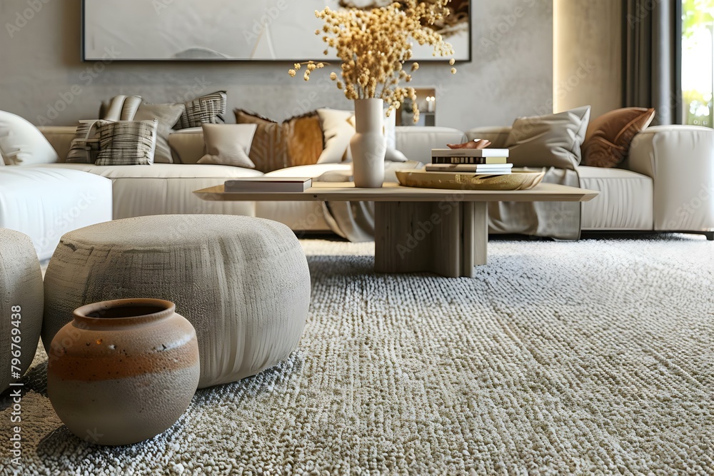 Poster rendering of modern living room with beige sofa table carpet in 3d model. concept 3d rendering, mode