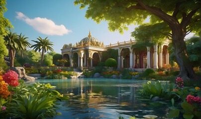 Obraz premium urban park area, against the background of buildings with ancient architecture