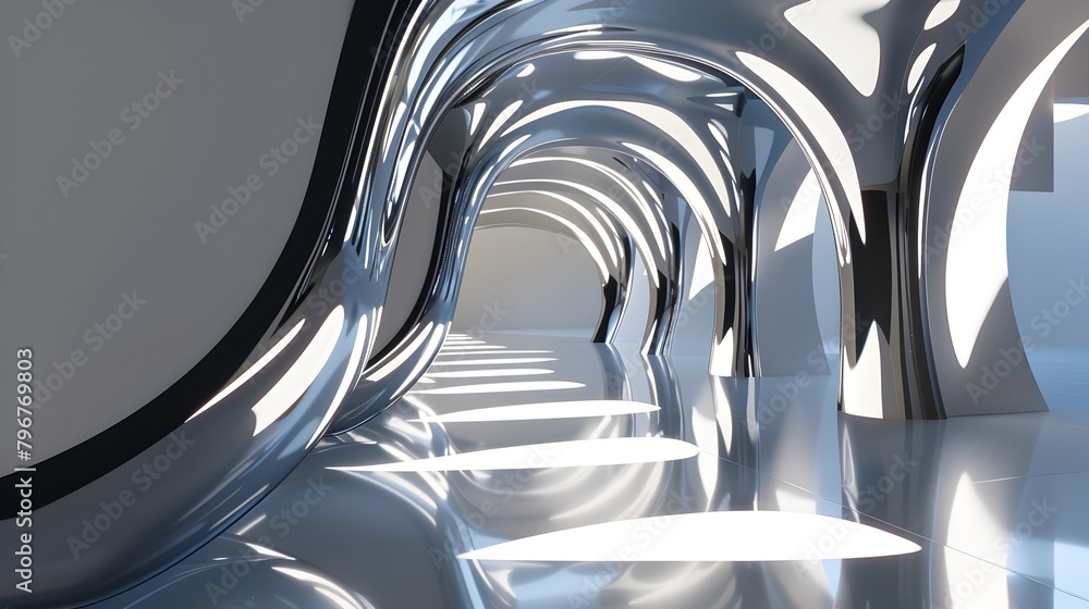 Poster floating geometric illusions: a rendered mirage of mirrored shapes and light patterns for sleek