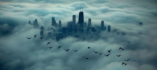 Ethereal urban vista  city skyline veiled in mist for a mysterious and atmospheric view