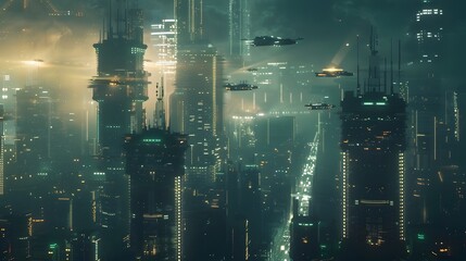 Advanced Urban World: A Futuristic Cityscape of High-rise Buildings and Flying Vehicles